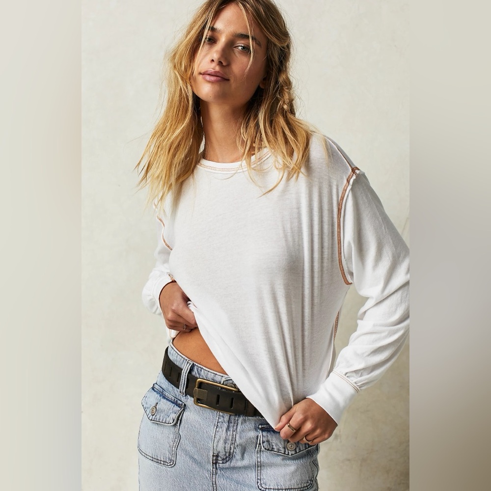 Free People White Long Sleeve Top with Brown Trim